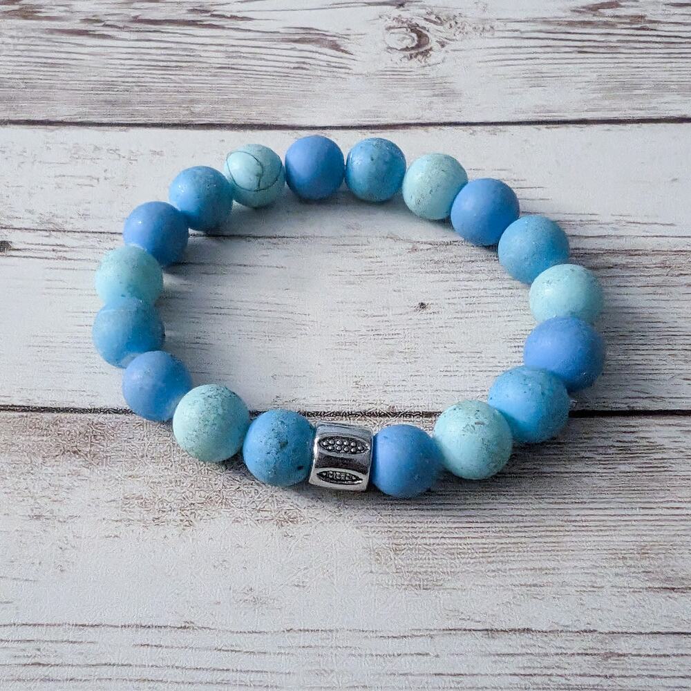 Vintage Stretch Bracelet Chunky Blue with Silver Tone Bead